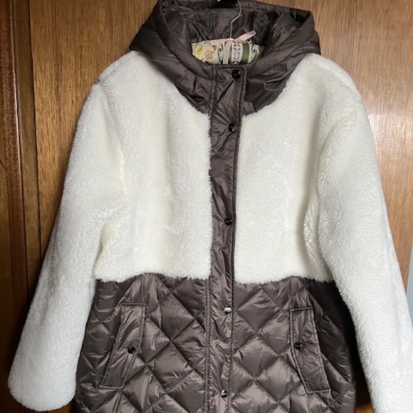 Sanctuary Brown and Cream Hooded Quilt Mixed Media Jacket - L - Picture 1 of 7